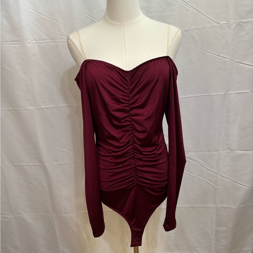 Charlotte Russe Burgundy Off Shoulder Ruched Bodysuit Y2K Style NWT Size L